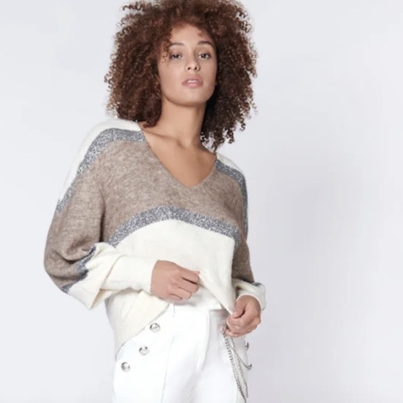 Veronica Beard Miley Colorblock Metallic V-Neck Sweater in Ivory Multi Sz XS - Picture 2 of 11